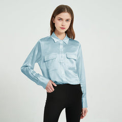 Classic Long Sleeves Silk Top With Two Patch Pockets - DIANASILK