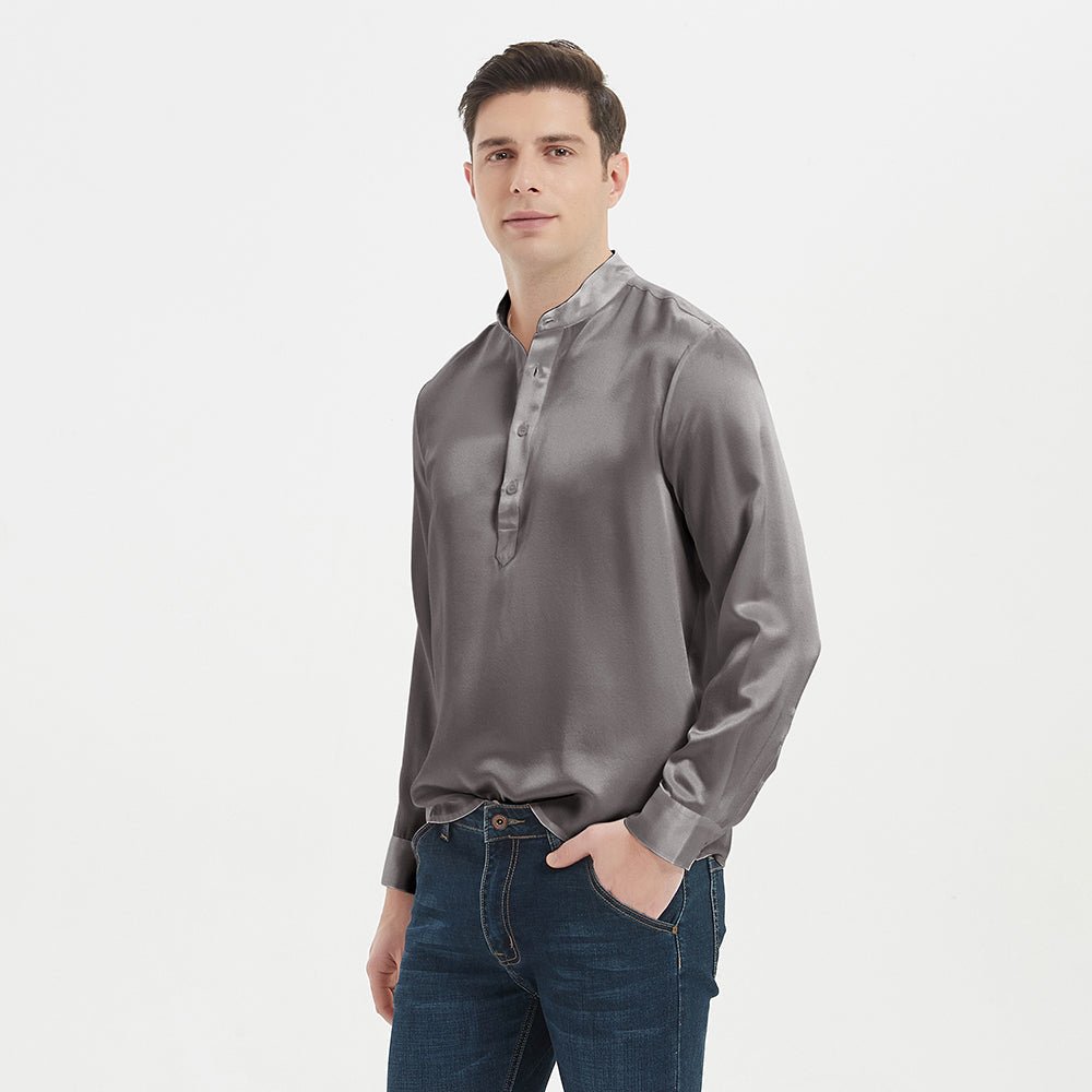 Classic Long Sleeves Stand Collar Pullover Men Silk Shirts - DIANASILK
