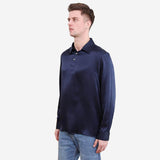 Classic Pure Color Mens Silk Polo Shirts Long Sleeves Business Silk Top