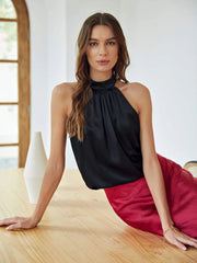 Classic Gathered Halter Sleeveless Silk Shirt for Women - DIANASILK