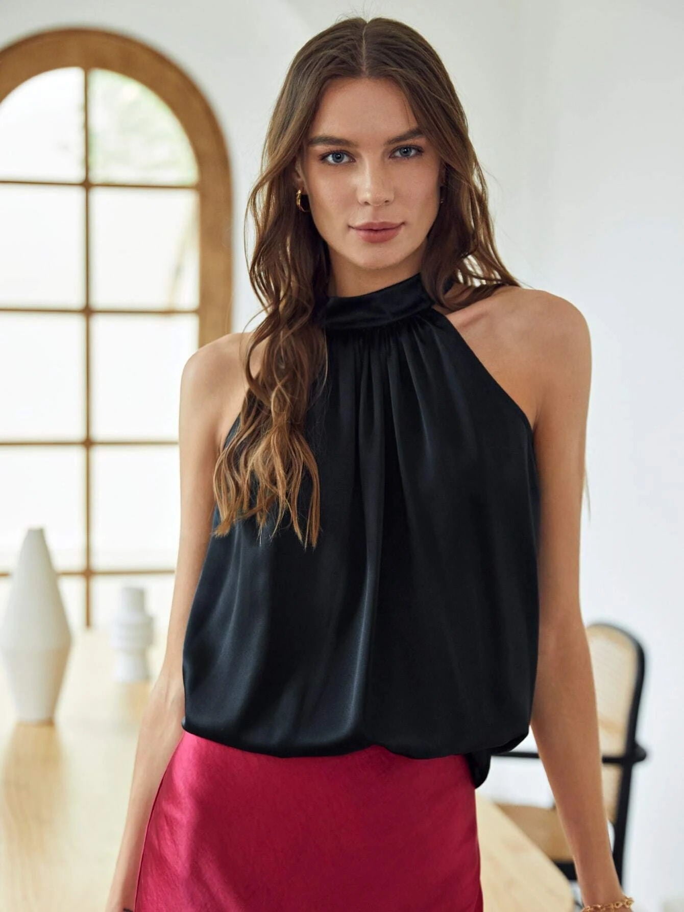 DIANASILK Classic Silk Gathered Halter Silk Top Sleeveless Silk Shirt for Women, Black / XXL