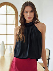 Classic Gathered Halter Sleeveless Silk Shirt for Women - DIANASILK