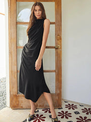 Classic Simple Silk Draped Asymmetrical Sleeveless One Piece Dress - DIANASILK