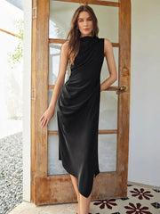 Classic Simple Silk Draped Asymmetrical Sleeveless One Piece Dress - DIANASILK