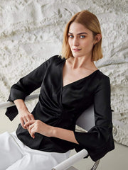 Elegante 100% V Camisa de seda de cuello Mangas largas blusa de seda de seda para mujeres