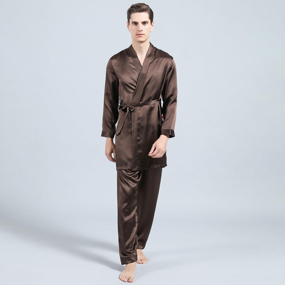 Long Men Silk Pajamas Set with Robe luxury Silk sleepwear – DIANASILK