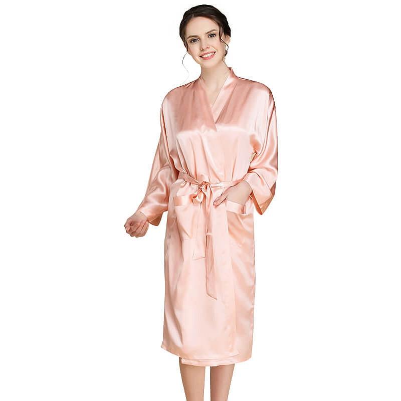 Mid Length V Neck Long Sleeves Silk Robe for Women - DIANASILK