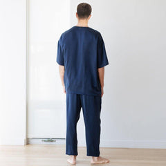 O Neck Men's Short Sleeve Simple Crew Short Silk Pajama Set - DIANASILK