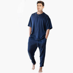 O Neck Men's Short Sleeve Simple Crew Short Silk Pajama Set - DIANASILK