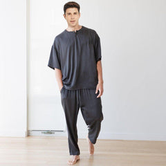 O Neck Men's Short Sleeve Simple Crew Short Silk Pajama Set - DIANASILK