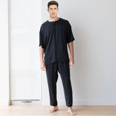 O Neck Men's Short Sleeve Simple Crew Short Silk Pajama Set - DIANASILK