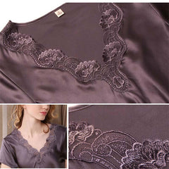 V Neck Short Sleeves Classic Women Silk Nightgown with Lace - DIANASILK