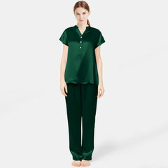 Women Short Sleeve Mulberry Silk Pajama Set V-Neck 100% Silk PJ Set - DIANASILK