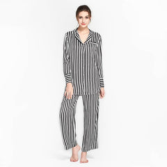 Women's 100% Silk Pajama Black and White Striped Silk Pajamas Sleepwear Sets - DIANASILK