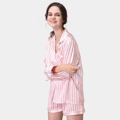Women's Striped Long Sleeve Short Pants Silk Pajama Set - DIANASILK