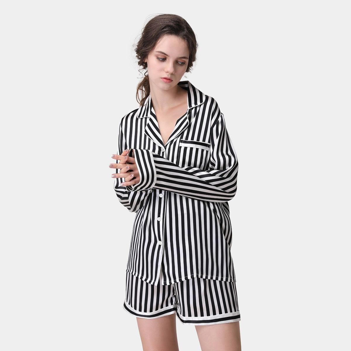 Women's Striped Long Sleeve Short Pants Silk Pajama Set - DIANASILK