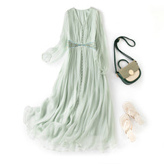 100% Mulberry Silk V-neck Embellished Button Front Waist Maxi Dress