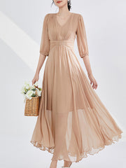 V-Neck 100% Silk Champagne Pleated Puff Sleeves Midi Dress
