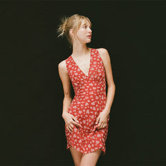 V-Neck Sexy 100% Silk Red Floral Sleeveless Mini Dress