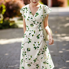 Green V-Neck 100% Silk Floral Wrap Midi Dress with Flutter Sleeves