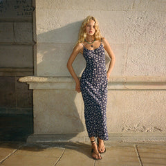 Blue 100% Silk Floral Slip Maxi Dress Spaghetti Strap Dress