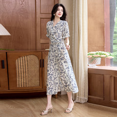V-Neck 100% Silk Floral Printed Puff Sleeves Wrap Midi Dress