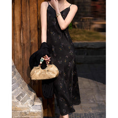 V-Neck Spaghetti Strap Black Butterfly Print Slip Dress