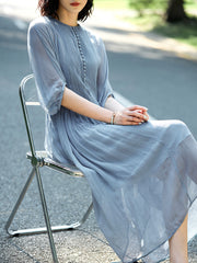 Elegant Pleated Silk Grey Flowy Summer Dress with Button Detail