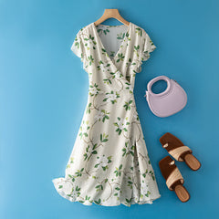 Green V-Neck 100% Silk Floral Wrap Midi Dress with Flutter Sleeves