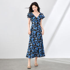 100% Silk V-Neck Ruffle Sleeve A-Line Black Floral Maxi Dress