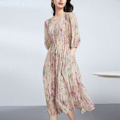 100% Silk Floral V Neck Button-Front Puff Sleeves Dress with Tie Waist