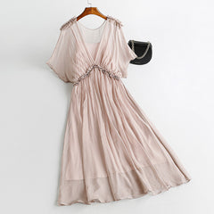 100% Silk Round Neck Soft Crystal-Trim Waist Cinching Maxi Dress