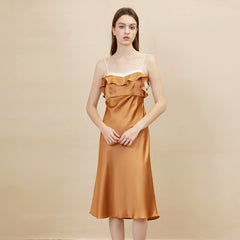 100% Silk Ruffle Trim Slip Elegant Spaghetti Strap Midi Dress