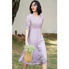Vestido maxi floral de seda pura de cuello en V con corbata de cintura