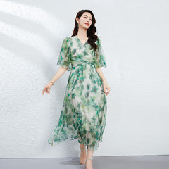 Green Floral Wrap Midi Dress V-Neck Half Sleeve Flowing Silk Dress