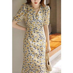 100% Silk Yellow Floral V-Neck Button Front Puff Sleeve Midi Dress