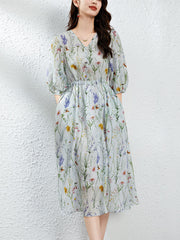 Paisley Print Puffärmel Seiden Midi Kleid mit elastischer Taille