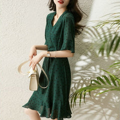 V-neck Polka Dot 100% Silk Wrap Green Dress with Ruffle Hem