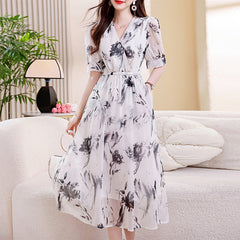 V-Neck Belted Summer White Ink Floral Silk Midi Dress for Women
