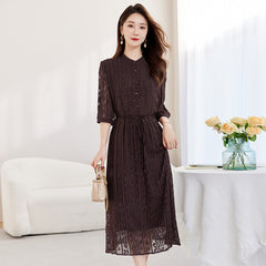 100% Silk Jacquard Midi Dress with Button Front & Tie Waist