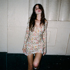 100% Silk Floral Mini Short French Vintage Dress with Lace-Up Front Detail