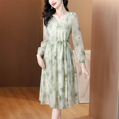 Light Green Floral Silk Midi V-Neck Button Front Belted Silk Dress