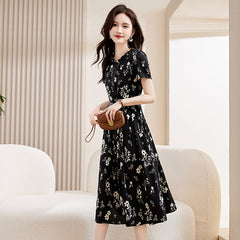 Elegant Floral Short Sleeves Silk Midi Dress with Tie Waist