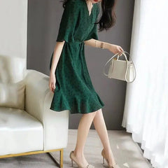 V-neck Polka Dot 100% Silk Wrap Green Dress with Ruffle Hem
