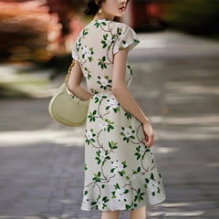 Green V-Neck 100% Silk Floral Wrap Midi Dress with Flutter Sleeves