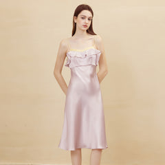 100% Silk Ruffle Trim Slip Elegant Spaghetti Strap Midi Dress