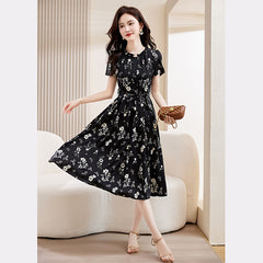 Elegant Floral Short Sleeves Silk Midi Dress with Tie Waist