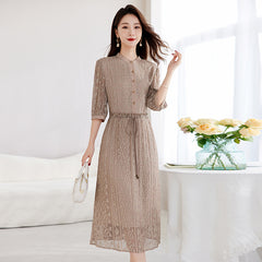 100% Silk Jacquard Midi Dress with Button Front & Tie Waist