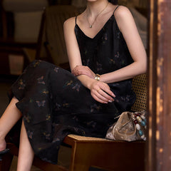 V-Neck Spaghetti Strap Black Butterfly Print Slip Dress