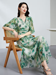 Green Floral Wrap Midi Dress V-Neck Half Sleeve Flowing Silk Dress
